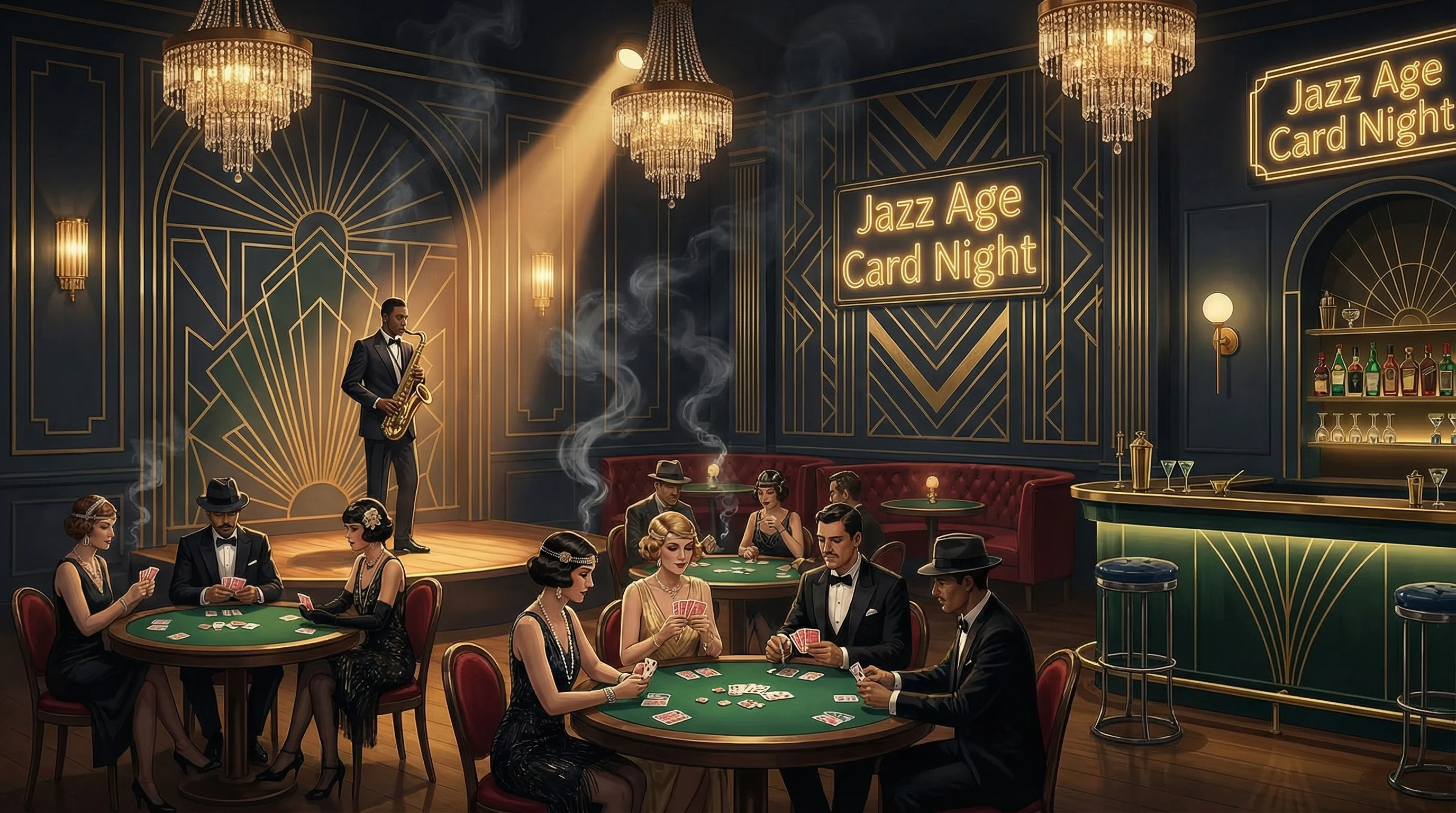 爵士酒吧棋牌夜游戏界面 - 体验 财神棋牌 的沉浸式牌局